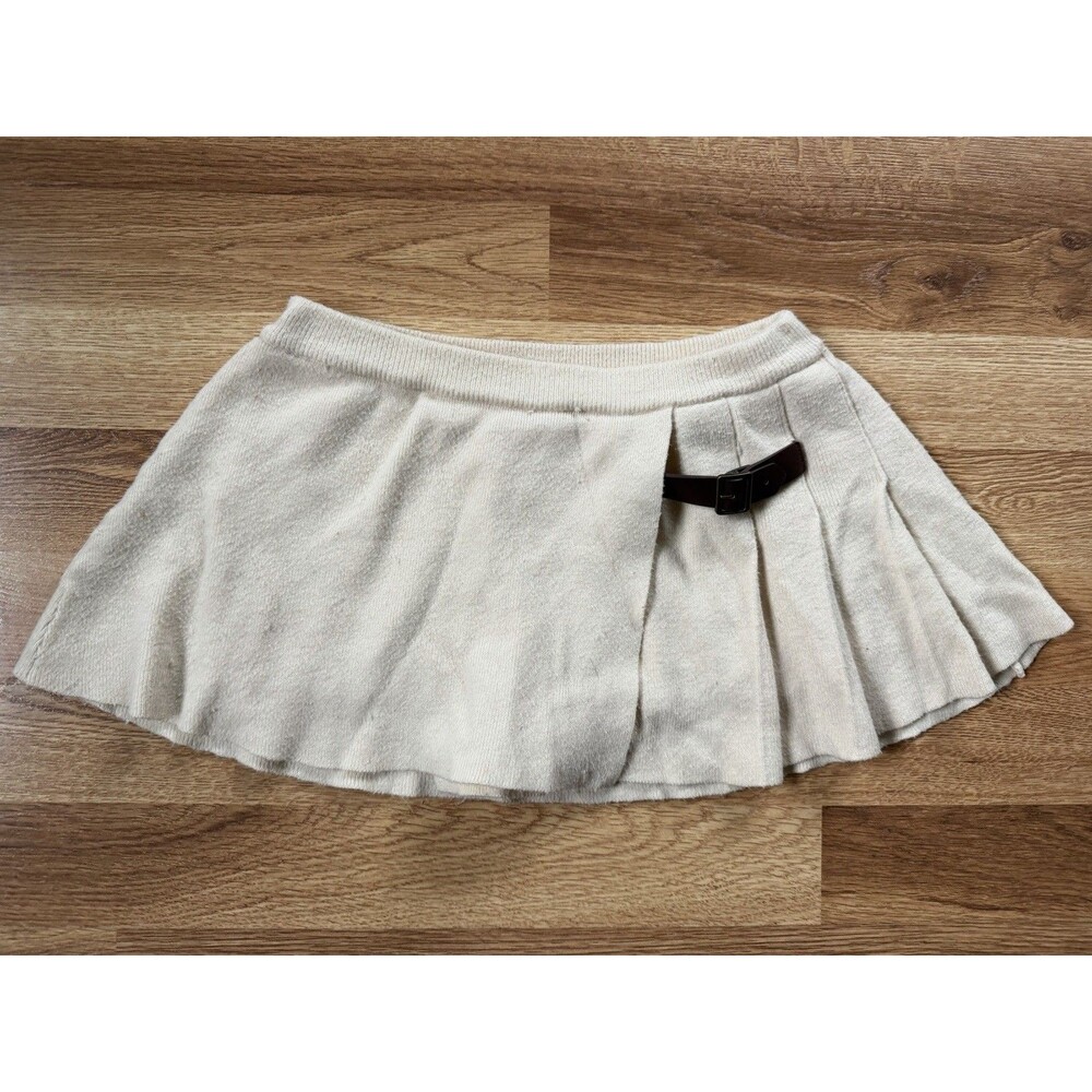Frankies Bikinis XS Ivory Knit Pleated Mini Skirt Side Buckle Preppy Tennis